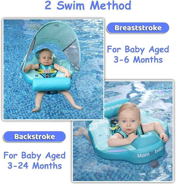 Mambobaby Float Baby Float with Canopy & Tail Non-Inflatable Infant Pool Floats Adjustable Safety Strap Toddler Swim Trainer (Green)