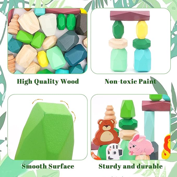 Wooden Stacking Rocks Toys Set for Kids Educational Stacking Blocks Building Blocks for Toddlers 1-3 Forest Theme Montessori Toys Creative Stacking Game for Children