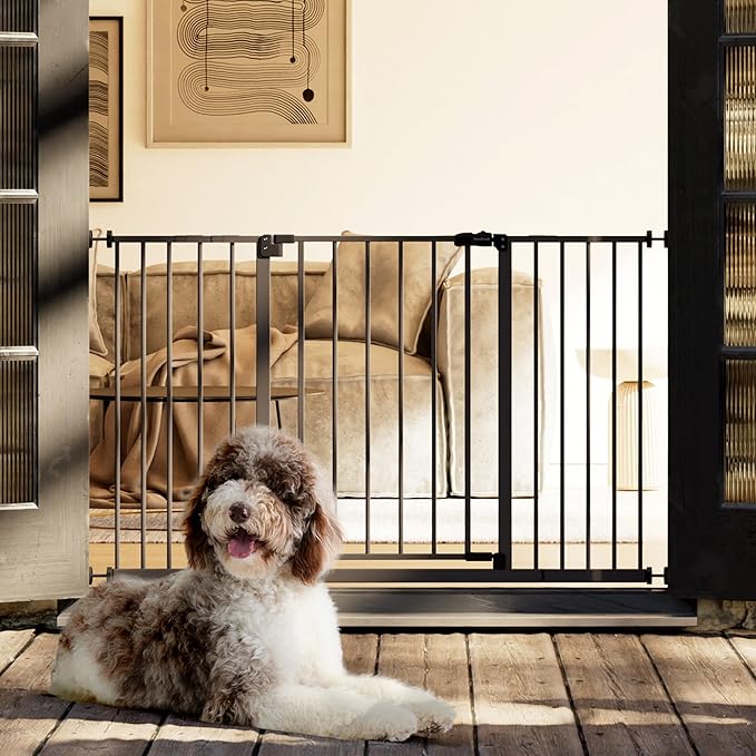 InnoTruth 29.5–49.75" Extra Wide Baby Gate for Stairs, 30" Tall Walk Through Dog Gate for Stairs & Doorways, Pressure-Mounted Safety Gate for Pets & Kids, Dual Lock & 2-Way Swing, Brown