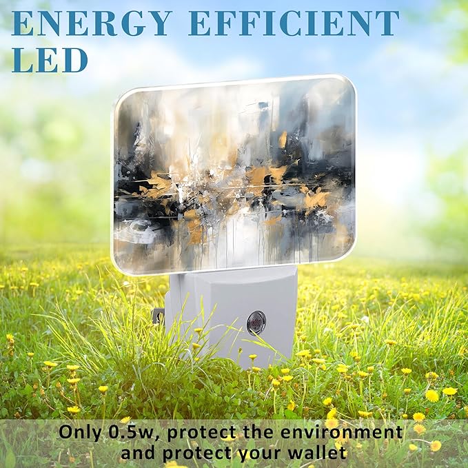 Modern Abstract Oil Painting Night Light, Gray Golden Painting Nightlight Plug into Wall with Dusk to Dawn Sensor for Kid Girls Boys Women Men Bedroom,Hallway,Kitchen,Bathroom,Stairs Decor