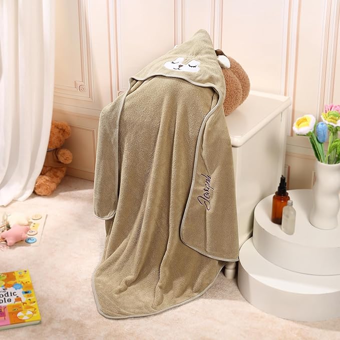 Personalized Baby Towels for Newborn Custom Embroidery Name Hooded Baby Bath Towels for Boy Girl Newborn Essentials Must Haves Shower Gift Soft Coral Velvet 30"x30" (Brown)