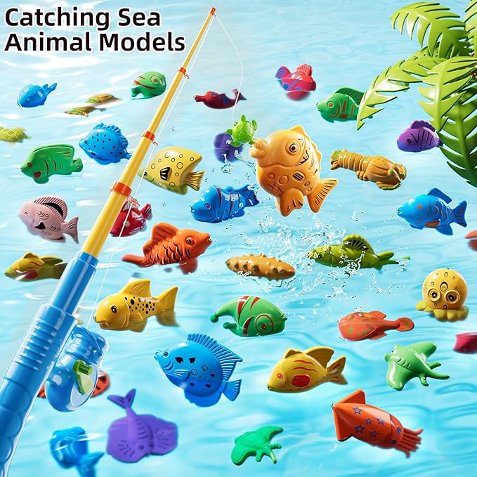 TEMI Magnet Fishing Game for Kids 4-8, Fish Toys for Kids 3-5, Bathtub Floating Fishing Pole, Water Table Pool with Rod Net, Summer Water Play Indoor and Outdoor, Gifts for Holiday for Boy and Girls