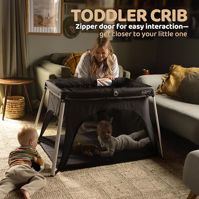 HARPPA Travel Crib with Comfy Mattress, Lightweight Portable Crib Requires No Assembly, Foldable Pack and Play for Baby and Toddlers, Compact Play Yard with Bed,Black