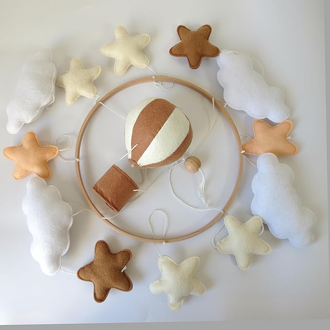 Neutral Hot Air Balloon Mobile for Crib Boho Baby Crib Mobile for Girls Boys Stars & Clouds Hot Air Balloon Baby Mobile for Crib