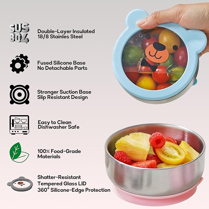 BPA-Free 100% Food-Grade Stainless Steel Baby Bowls with Suction Toddler Bowl Double-Layer Insulated Kids Bowls with Non-Slip Silicone Suction Cup Infant Bowls with Spoon Airtight Glass Lids Gray