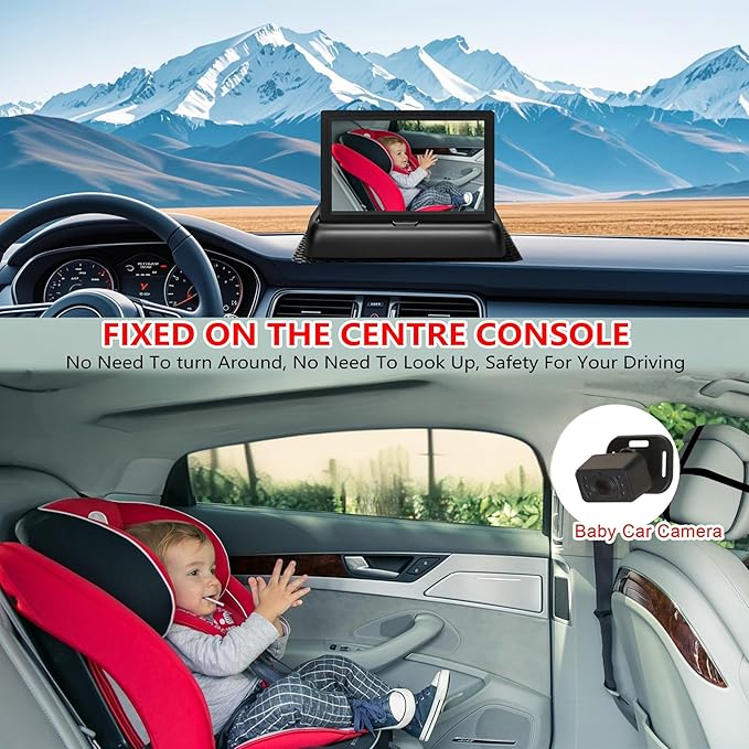 Baby Car Camera for Backseat-HD 720P 4.3 inch Monitor with Night Vision, 360° Rotation, 150° Wide View Angle. Protects Your Baby’s Eyes.Rear-Facing Backseat Camera for Kids, Infants, and Newborns KB45