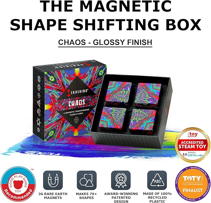 Shashibo Shape Shifting Box - Award-Winning, Patented Fidget Cube w/ 36 Rare Earth Magnets - Transforms Into Over 70 Shapes, Gift Box, Download Fun in Motion Toys Mobile App (Chaos, 4 Pack)
