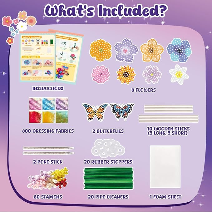 3 otters Poke in Art, Fabric Flower Bouquets Toys Arts and Crafts for Girls Ages 4-12 DIY Creative Activities Birthday Craft Gifts