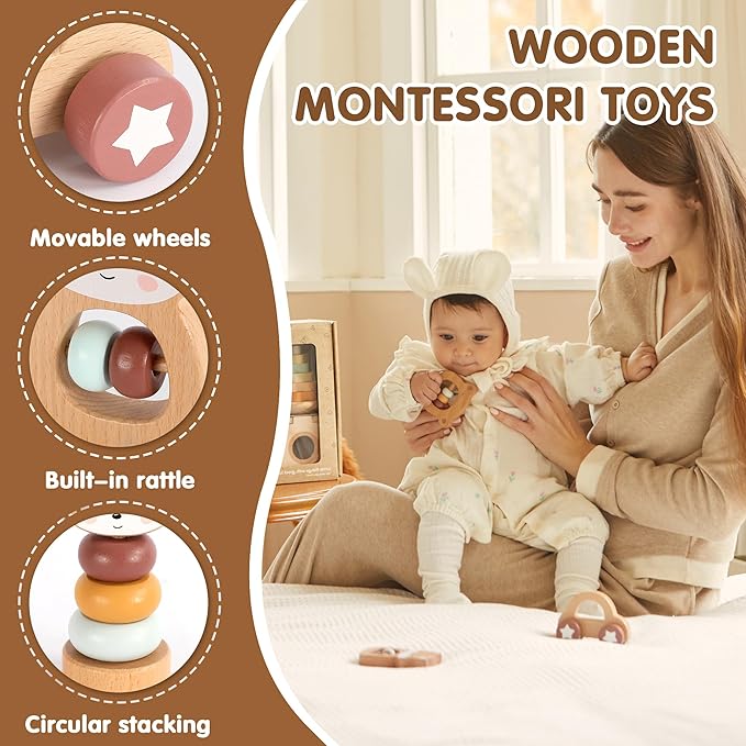 Freniland Wooden Montessori Toys, 5-Piece Wooden Baby Toys, Bear Wooden Baby Rattle, Fox Stacking Ring,Wooden Car Push and Pull Toys, Bear Grasping Toys,Newborn Baby Gift Sets for Boys and Girls
