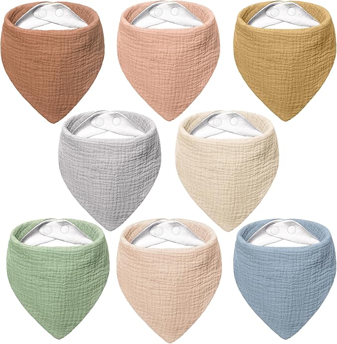Bearmoss Muslin Baby Bibs 8 Pack Soft Bandana Bibs for Drooling & Teething, Absorbent Burp Cloths with Adjustable Snaps