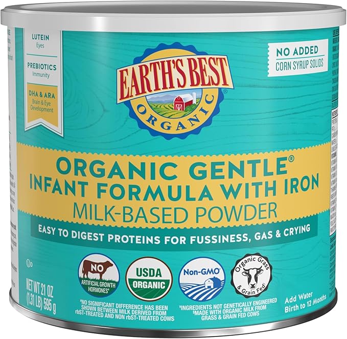 Earth's Best Organic Baby Formula, Gentle Infant Formula for 0-12 Months, Milk-Based Powder with Iron, Omega-3 DHA & Omega-6 ARA, 21 Ounce Container