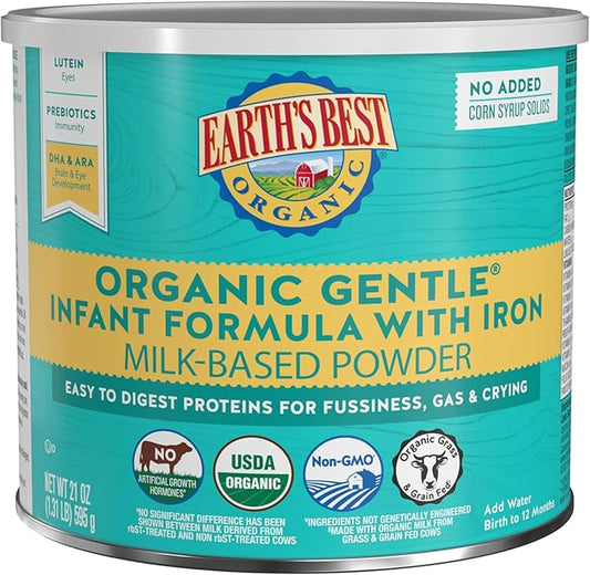 Earth's Best Organic Baby Formula, Gentle Infant Formula for 0-12 Months, Milk-Based Powder with Iron, Omega-3 DHA & Omega-6 ARA, 21 Ounce Container