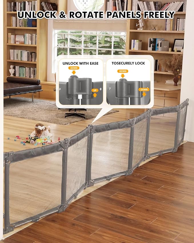 Extra Wide Baby Gate Playpen with Heat-Resistant Mesh,6 Panel Foldable Baby Fence,Indoor/Outdoor Safety Barrier,Dog Playpen & Fireplace Gate Gray