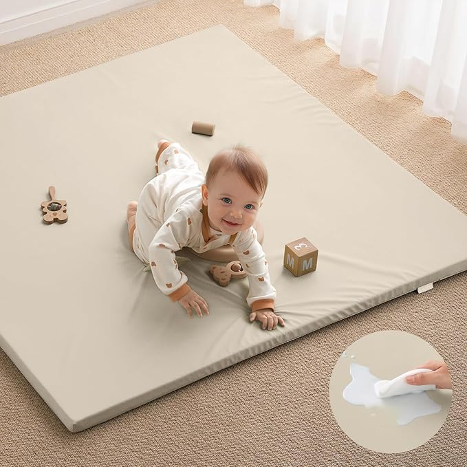 Blissful Diary Vegan Leather Baby Play Mat, 47x47 Thick Foam Cushioned & Waterproof Playpen Mat for Infants and Toddlers, Stylish and Just Wipe-Clean Playmat for Baby Play on Floor, Beige
