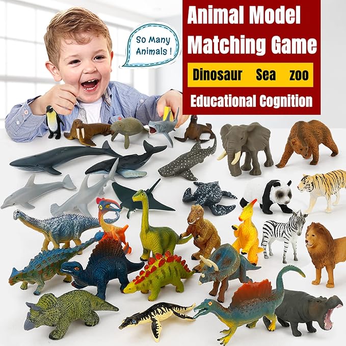 Small Montessori Animal Figures with Flash Cards, Realistic Animal Figurines Toys, Montessori Materials Homeschool Preschool Science Educational Matching Game for Toddler Kids (Zoo)