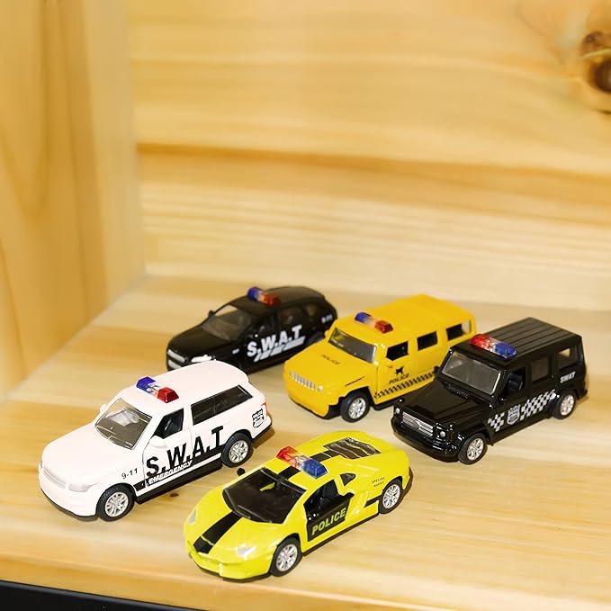 KIDAMI Die Cast Metal Toy Cars Set of 5, Little Openable Doors Pull Back Car Gift Pack for Kids (Police car)