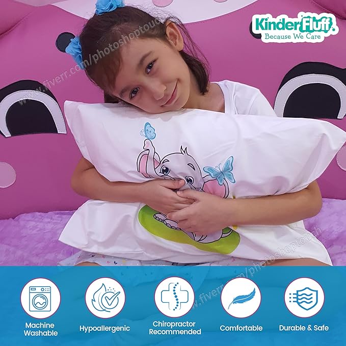 kinder Fluff Child Pillow with Pillowcase- 300T Cotton Shell & Down Alternative Fill - Ideal for Travel, Bedding Set & Floor Cushions (13x18in - White Pillow with Pillowcase Elephant Design)