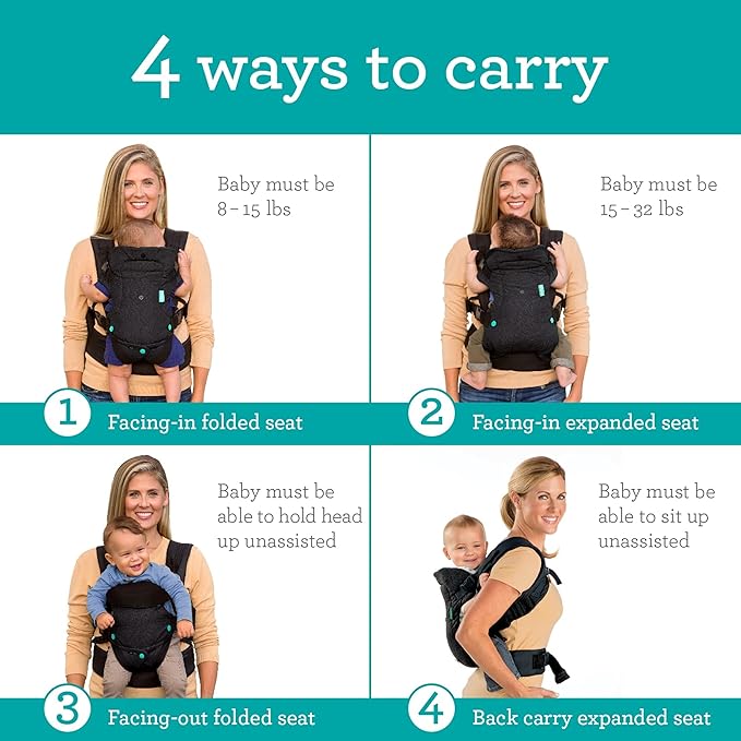 Infantino Flip 4-in-1 Convertible Baby Carrier, Adjustable, Ergonomic Babywearing, Registry Essential, Baby Carrier for Newborn to Toddler, Black