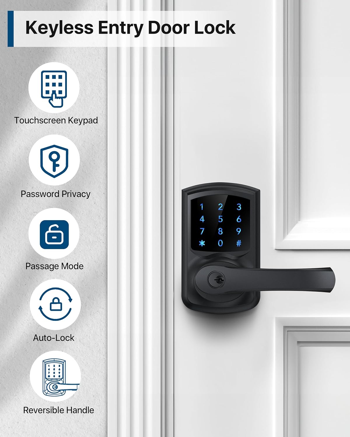 Keyless Entry Door Lock with Keypad and Handle for Front Doors, Touchscreen Deadbolt, Anti-peep Password, Auto-Locking, Matte Black