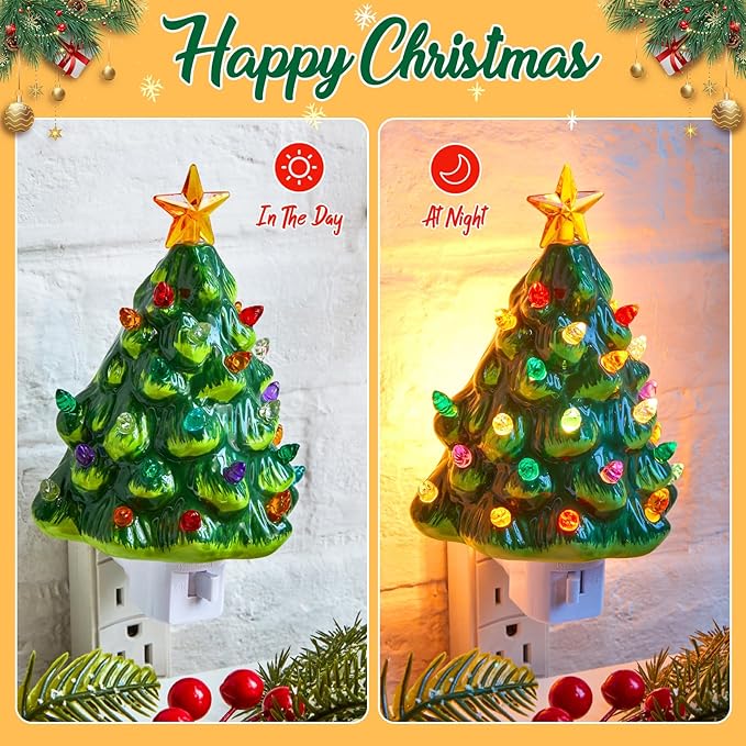 Brightown Ceramic Christmas Tree Night Light - 2 Pack Christmas Decorative Ceramic Tree with ON/Off Switch, Vintage Christmas Night Light for Bedroom Porch Holiday Decor