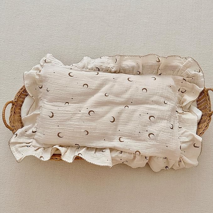 BuLuTu Muslin Toddler Pillowcases Girls Boys,Soft Breathable Cotton Kids Pillow Cover, Moon Star Pattern Shabby Chic Nursery Pillow Cases Enveloped Closure, 14"x20", 1 Piece