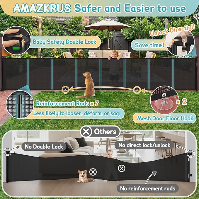 236'' Retractable Baby Gates Extra Wide, 42'' Extra Tall Retractable Dog Gate, 20 FT Black Indoor/Outdoor Retractable Gate with Reinforcement Rods for Garage, Doorways, Stairs, Decks, Driveway, Patio