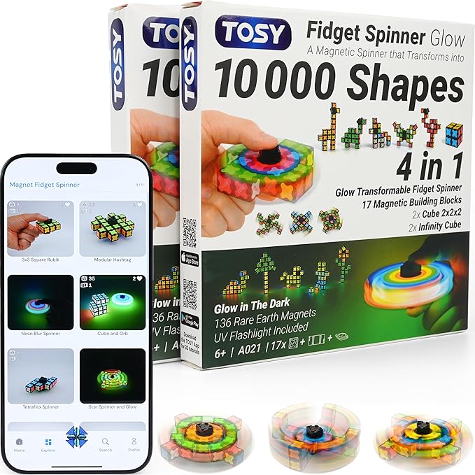 TOSY Magnet Fidget Spinner Glow - 16 blocks, 3in1 Toy: Transformable Fidget Spinner, Infinity/Puzzle Cube, Glowing, Christmas Stocking Stuffers Gift for Kids/Adults, STEM Sensory Stress Relief, 2-pack
