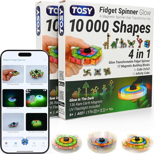 TOSY Magnet Fidget Spinner Glow - 16 blocks, 3in1 Toy: Transformable Fidget Spinner, Infinity/Puzzle Cube, Glowing, Christmas Stocking Stuffers Gift for Kids/Adults, STEM Sensory Stress Relief, 2-pack
