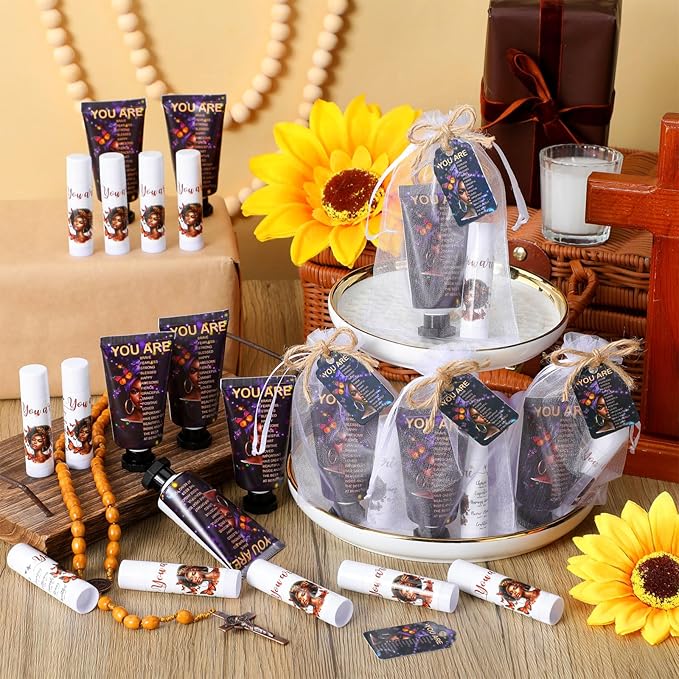 24 Sets Christian Hand Cream and Lip Balm Gift Set Christmas Christian Gift for Women Travel Size Hand Lotion Bible Verse Lip Balm Bulk for Baby Bridal Shower Mom Holiday (African American)