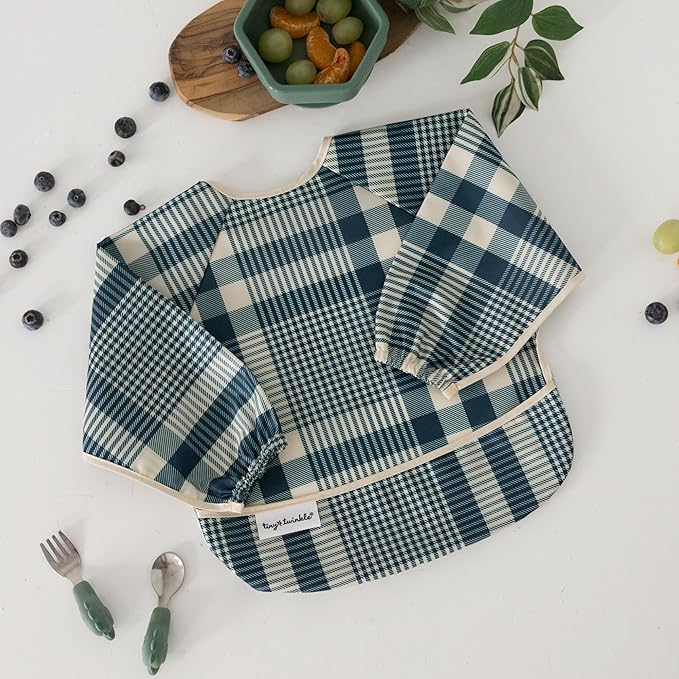 Tiny Twinkle Long Sleeve Bibs for Babies & Toddlers – 2 Pack Waterproof Smock Bibs for Eating – Machine Washable & Mess-Proof, Baby Feeding Essential & Shower Must-Have (Gingham Grid, 6-24M)