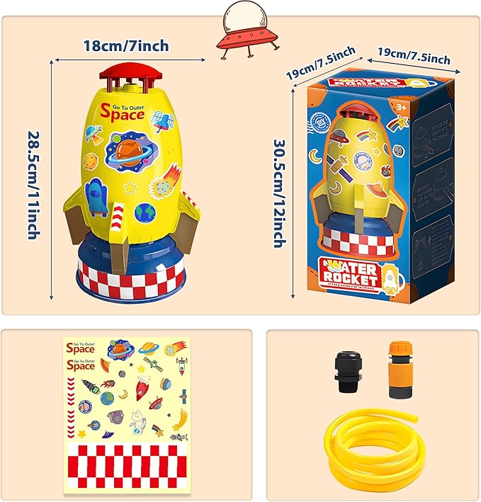 Water Rocket Sprinkler for Kids, Outdoor Sprinkler Rocket Launcher Toy for Backyard, Summer Water Toys for Kids Ages 3-12, Fun Water Powered Rocket Toy (Yellow-3)