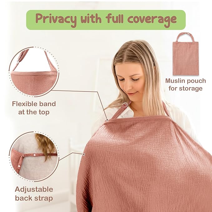 Premium Organic Breathable Muslin Nursing Cover for Breastfeeding - Privacy Breast Feeding Covers for Women - Multi-Use Nursing Cover Up - Soft & Lightweight Breastfeeding Covers (Rust)