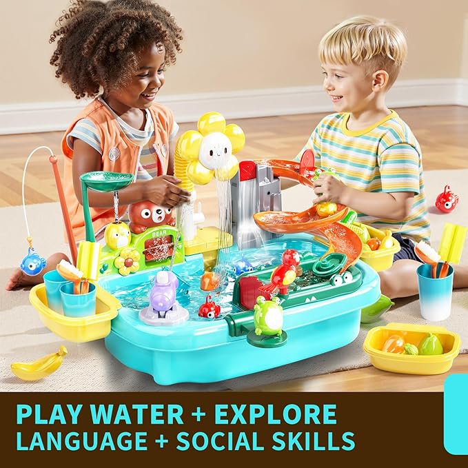 Water Table Play Sink Toys for Toddlers, Kids Play Kitchen Sink with Running Water, 360° Electric Faucet, Floating Fishing Game, Sensory Water Table Toys for Boys Girls Summer Gifts