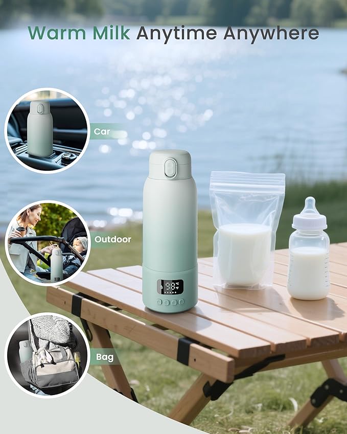 Portable Bottle Warmer Extended Battery Life - Dual Heating Modes for Breast Milk & Water, 17 Ounces, Fast Heating, Ideal for Travel, Outdoor, Baby Shower, Green
