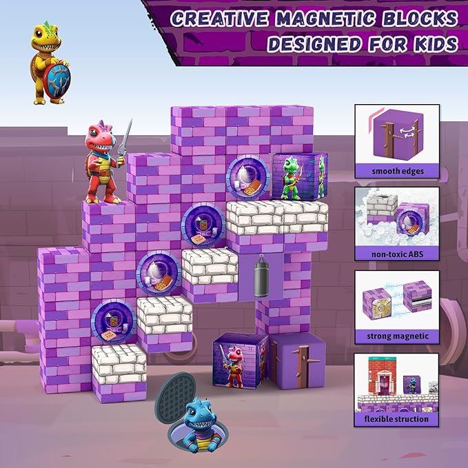 48PCS Magnetic Blocks,Building Blocks Dinosaur Toys for 3+ Year Old, Magnet Cubes Sensory Montessori Toys for 3 4 5 6 7 8 Year Old Boys & Girls, Kids