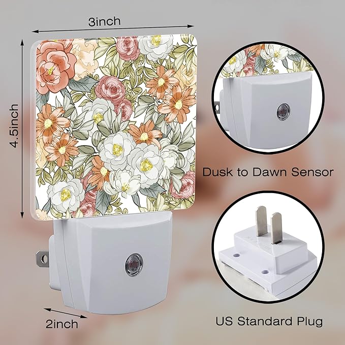 Watercolor Flowers and Herbs Night Light Plug into Wall,Abstract Botanical Plants Leaves Floral Dusk to Dawn Night Light Plug in,0.5w Energy Saving NightLight for Kids Boys Girls Home Decor
