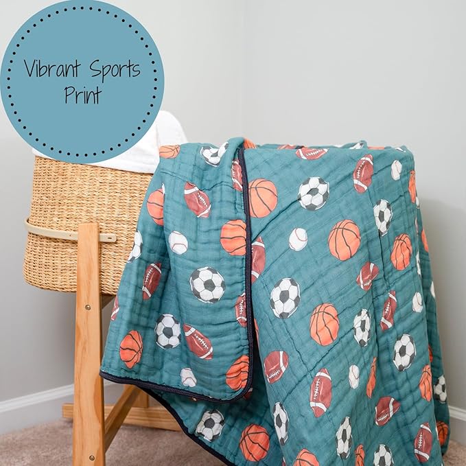 LollyBanks Muslin Baby Blanket 100% Organic Cotton, Muslin Quilt Lightweight, 6 Layers Baby Blankets 47"x 47", Muslin Blanket for Boys, Nursery Receiving Blankets (Sports, Balls Print)