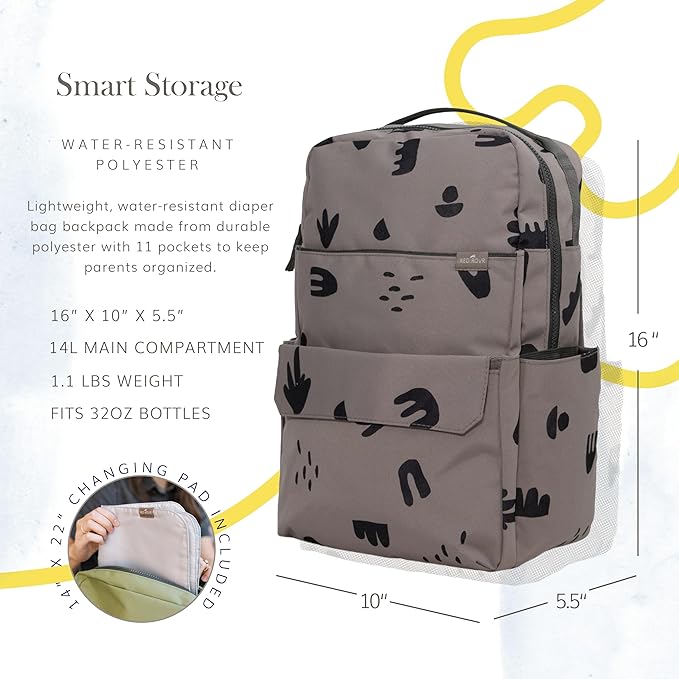 RED ROVR Roo Lightweight 1 LB Diaper Bag Backpack | 11 organizational pockets| Durable & Water-Resistant (Truffle Doodle)
