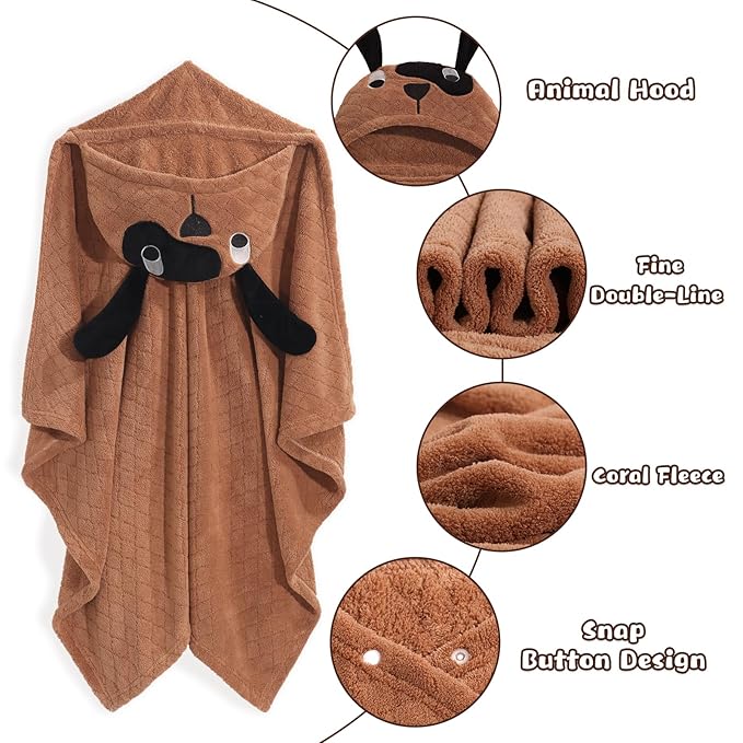 Toddler Hooded Bath Towel Age 1-5,2-Pack Thick Absorbent Bath Towel Boys & Girls, 50"x32"Large Size Ultra Soft with Hood Panda Puppy,Baby Bath Essential for Infant and Children, Brown & White