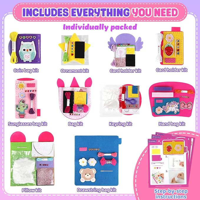 Sewing Kit for Beginner Kids, 10Pcs Unicorn DIY Box Arts and Crafts, My First Felt Kit Projects, Blind Box Craft Supplies, Learn to Sew Embroidery Kit, Birthday Gift for Girls 3 4 5 6 7 8 Years Old