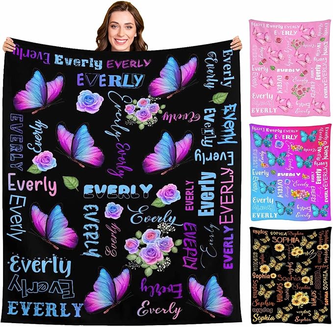 M YESCUSTOM Personalized Baby Blanket with Name, Black Butterfly Customized Blanket for Girls, Toddler, Newborn, Baby Shower, Christmas, Birthday
