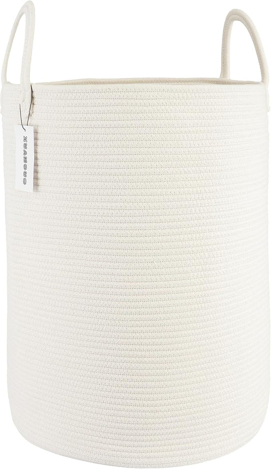Cotton Rope Laundry Basket Hamper for Clothes Woven Storage Basket for Living Room Bedroom Boho Tall Rope Baskets for Blanket Toys Pillow Towels Baby Nursery Hamper Bin Large white