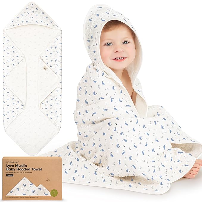 KeaBabies Muslin Baby Bath Towels with Hood for Girls,Boys-Large Organic Cotton Hooded Baby Towels for Newborns,Toddlers,Infant,Kids,Soft Absorbent Newborn Bath Essentials Gift Set(Whale Bay, Regular)
