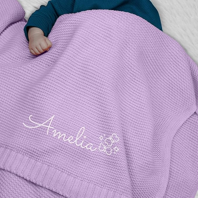 Personalized Baby Blanket, Embroidered Name, 100% Cotton Handmade Custom Blanket, 350GSM Knit Blankets, Newborn Boy Or Girl Baby Gift