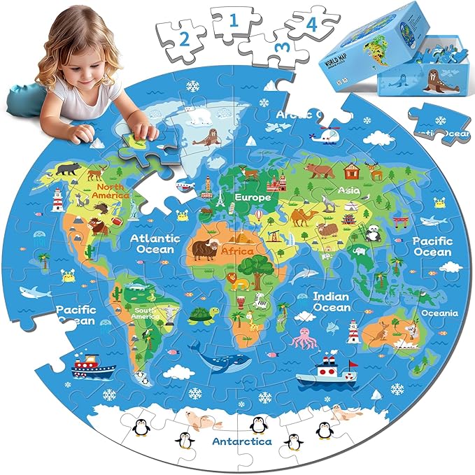 72 Piece World Map Jigsaw Puzzle for Kids 3-5, 4-6 Globe Round Floor Puzzles Geography Educational Birthday Gifts Learning Resource Educational Montessori Toys (World Map)