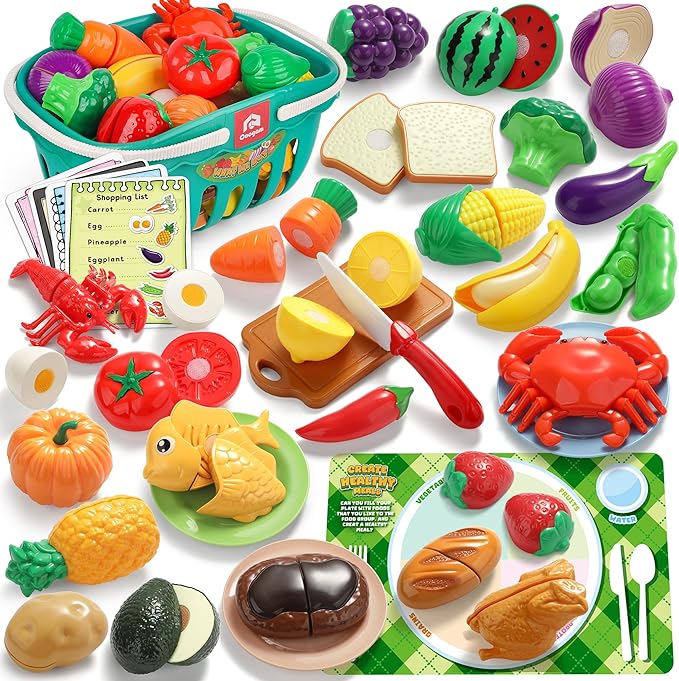 Coogam Pretend Play Food Kitchen Accessories for Kids, Fake Fruits Meats Vegetables Cutting Food with Shopping Storage Basket for Preschool Activities, Daycare Educational Toy for 3 4 5 Years old Kids