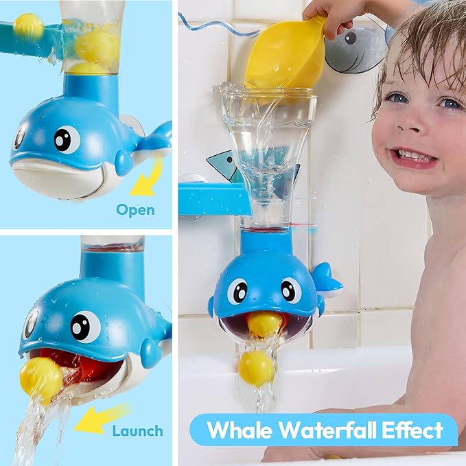Bath Toys for Kids, 7-in-1 Shower Bathtub Toy with Crab, Whale, Rotating Fish & Slide Track, Interactive Water Play Set with Pour & Spray Fun for Toddlers, Boys & Girls Gifts for Christmas