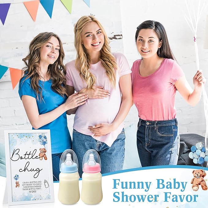 Roowest Bottle Chug Baby Shower Games Favors Including 18 Pcs Feeding Bottles with Blue Bear Theme Wooden Sign for Gender Reveal Baby Shower Party Supplies