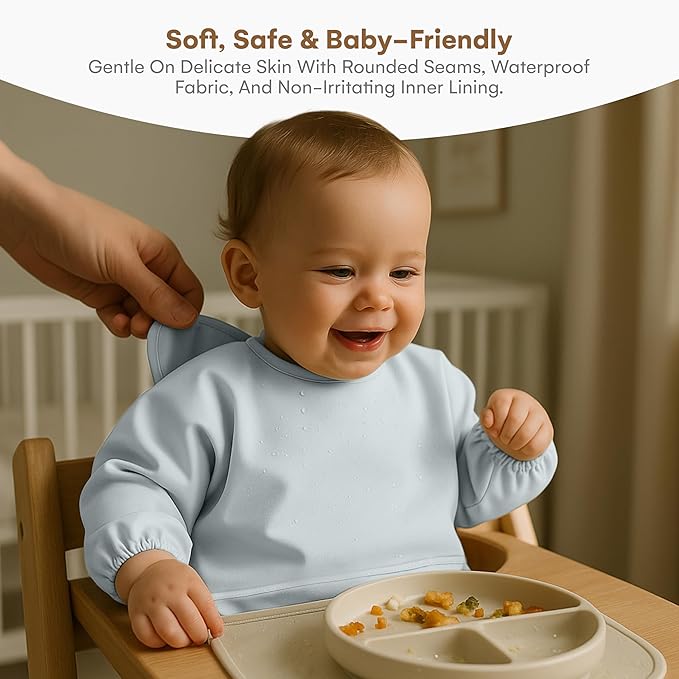 CHILDLIKE BEHAVIOR Baby Smock Bib - Waterproof Travel Buddy, Mess-Proof Feeding - Long Sleeves, Gentle Closure- Two-Layer