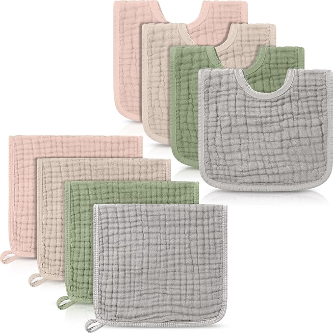 Tallew 8 Pack Muslin Burp Cloths and Baby Bibs for Boy Girl 20" x 10" Cotton Baby Bandana Drool Bibs Muslin Burp Cloths Absorbent Rag for Newborn Toddler Infant Gifts(Vivid Color)